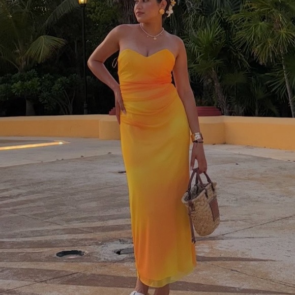 Zara NWT yellow orange tie dye printed tulle midi draped ruched sweetheart dress - Picture 13 of 16